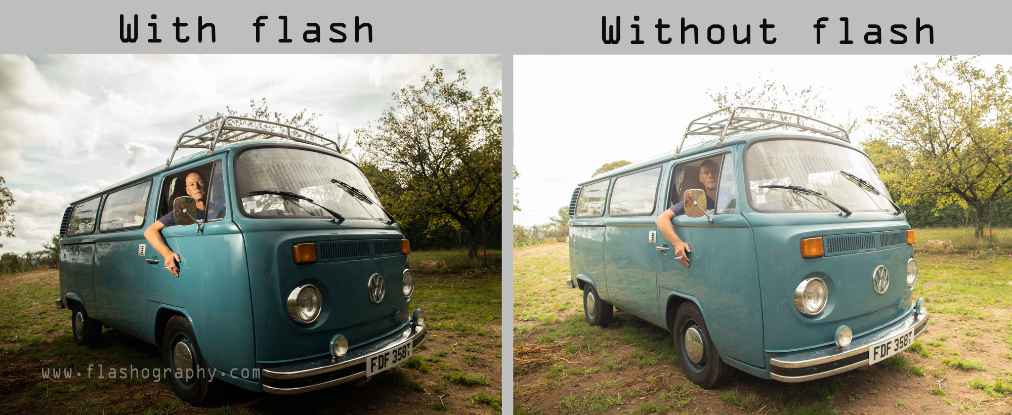VW van with and without flash